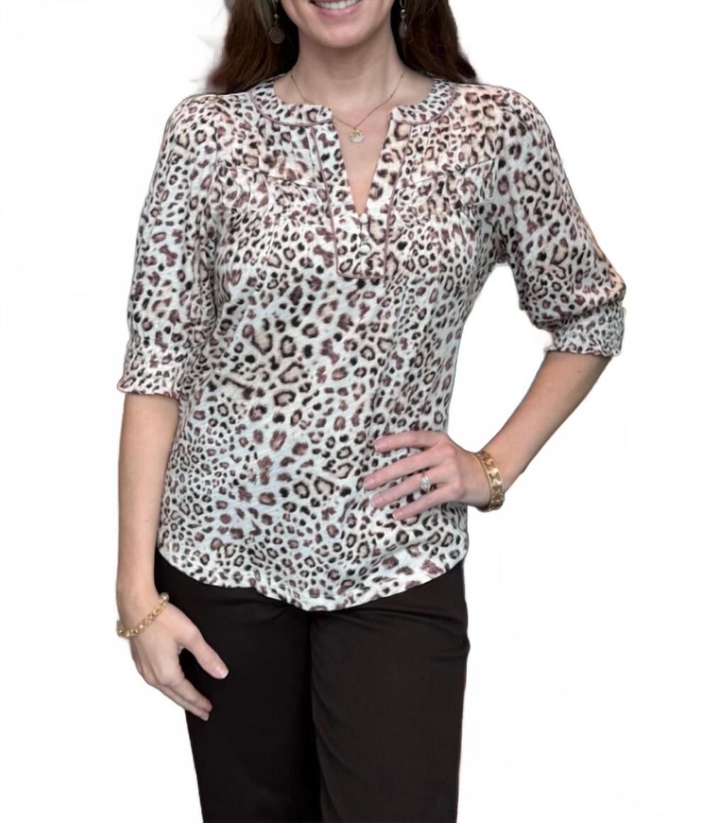 NEW DEMOCRACY print top with elbow blouson sleeve and pintuck detail in ecru/oxb